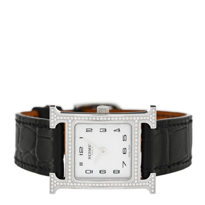Hermes Stainless Steel Alligator Diamond Bezel Mother of Pearl 21mm Heure H Hour Quartz Watch Noir 2 of 5