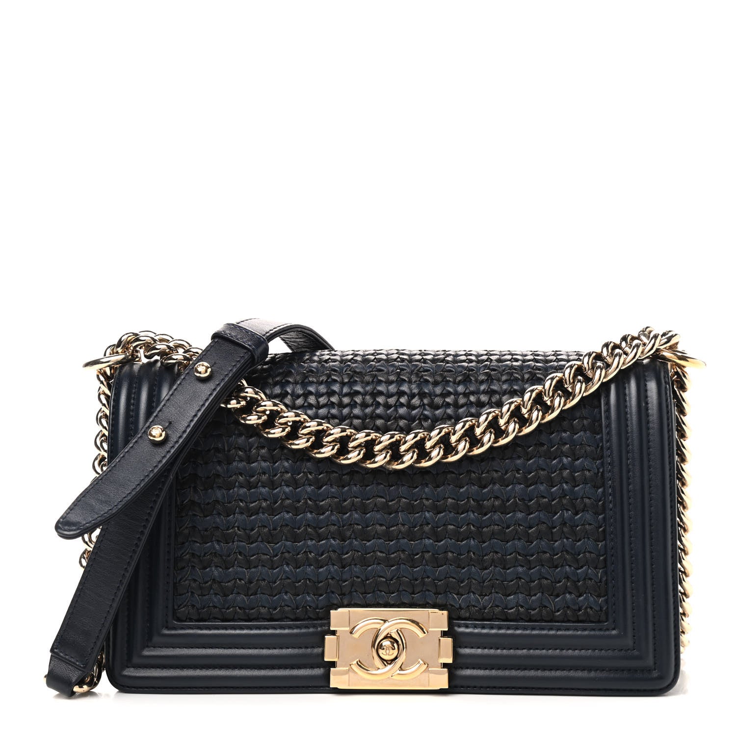 Chanel Lambskin Braided Woven Medium Boy Flap Navy Black 1 of 9