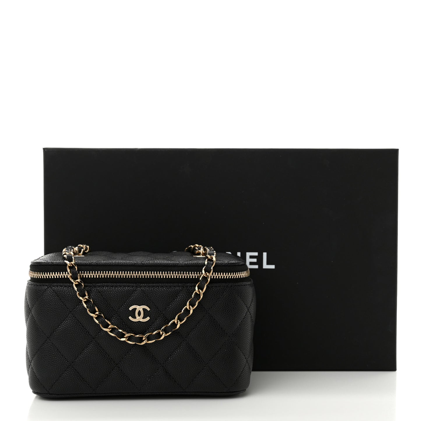 Caviar Quilted Small Vanity Case With Chain Black