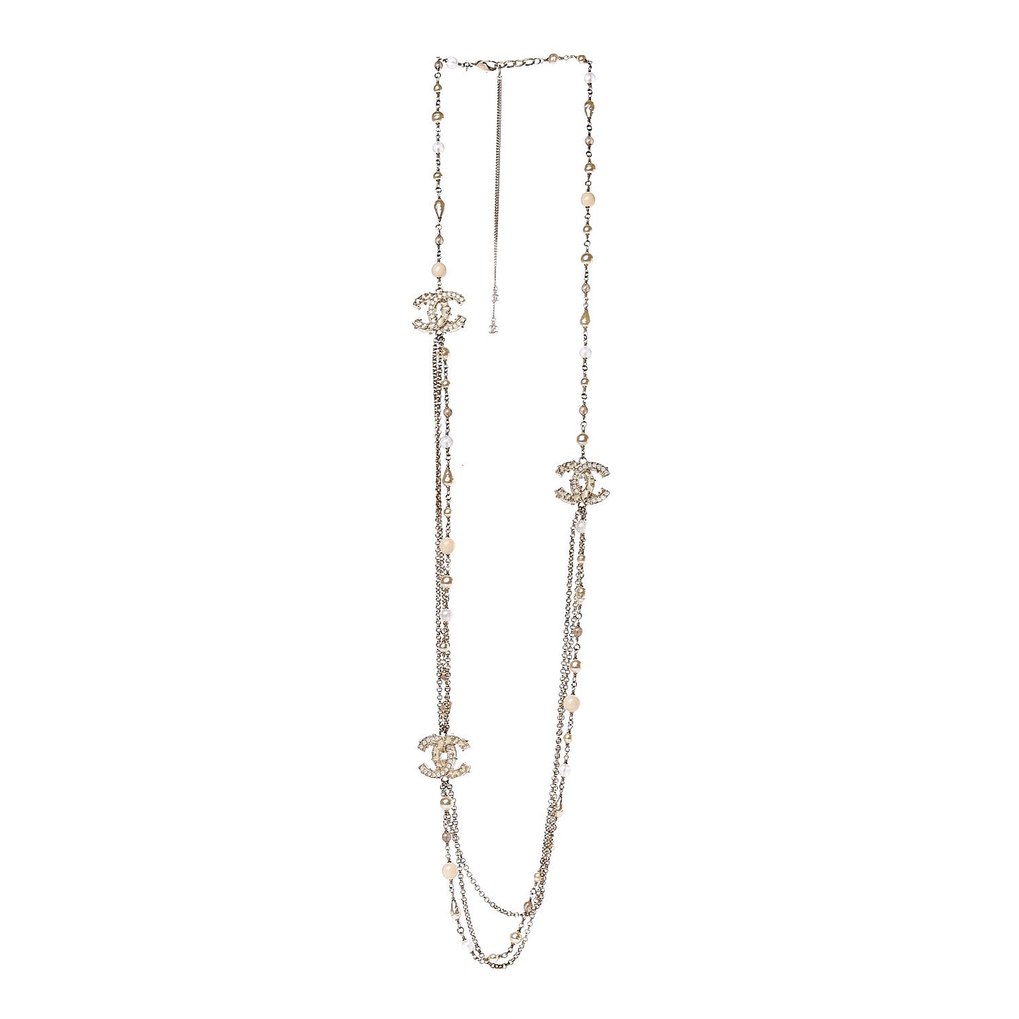 Graduated Pearl Crystal CC Long Necklace Silver Pearly White