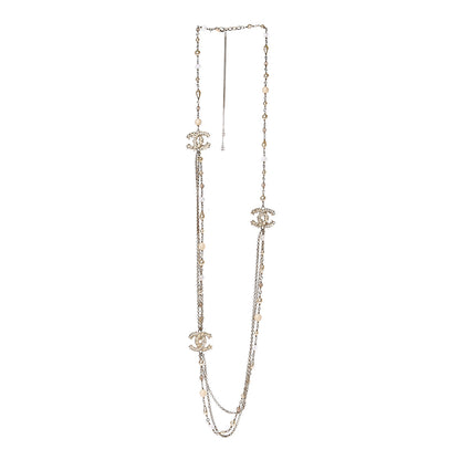 Chanel Graduated Pearl Crystal CC Long Necklace Silver Pearly White 3 of 6