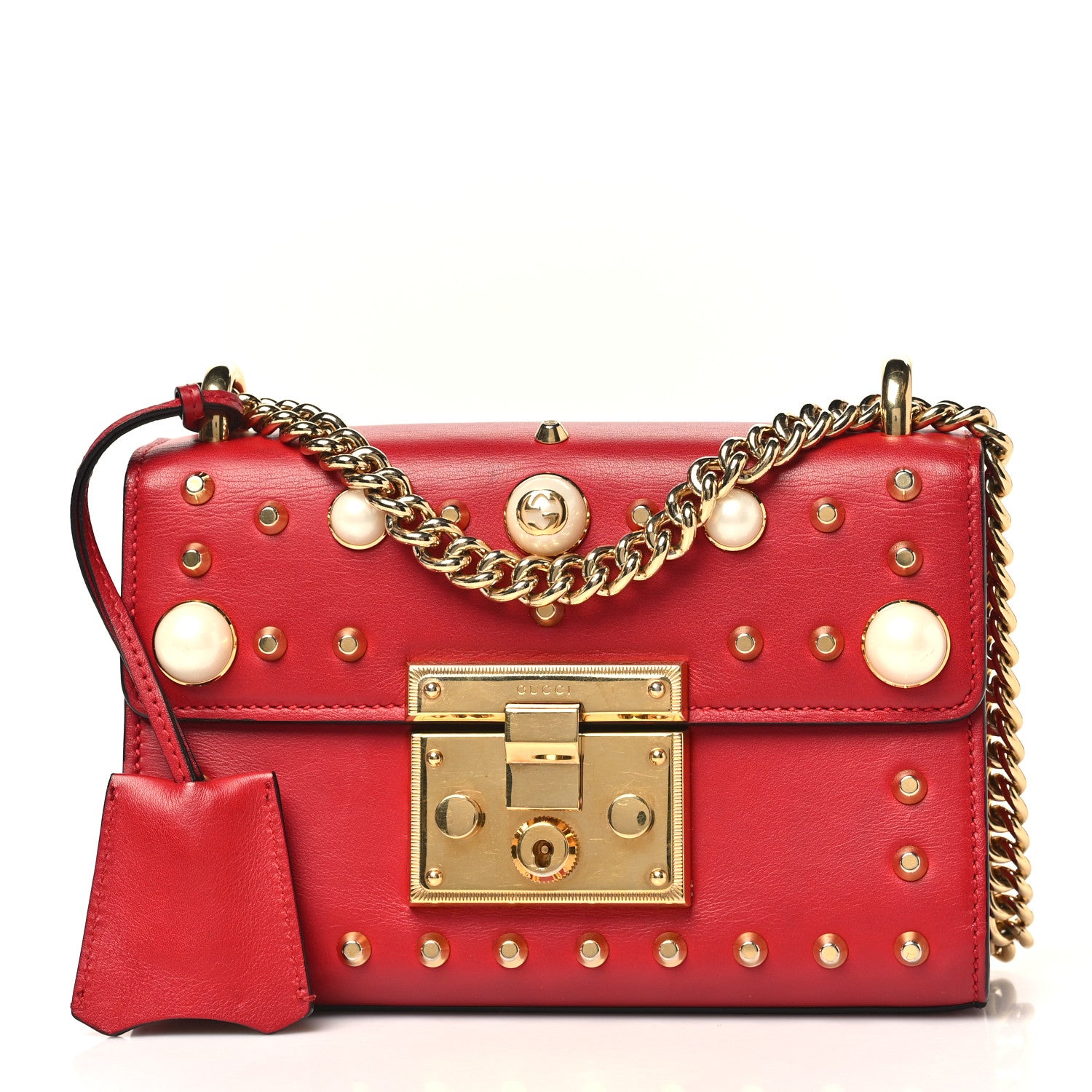 Gucci Calfskin Studded Small Padlock Shoulder Bag Hibiscus Red 1 of 10