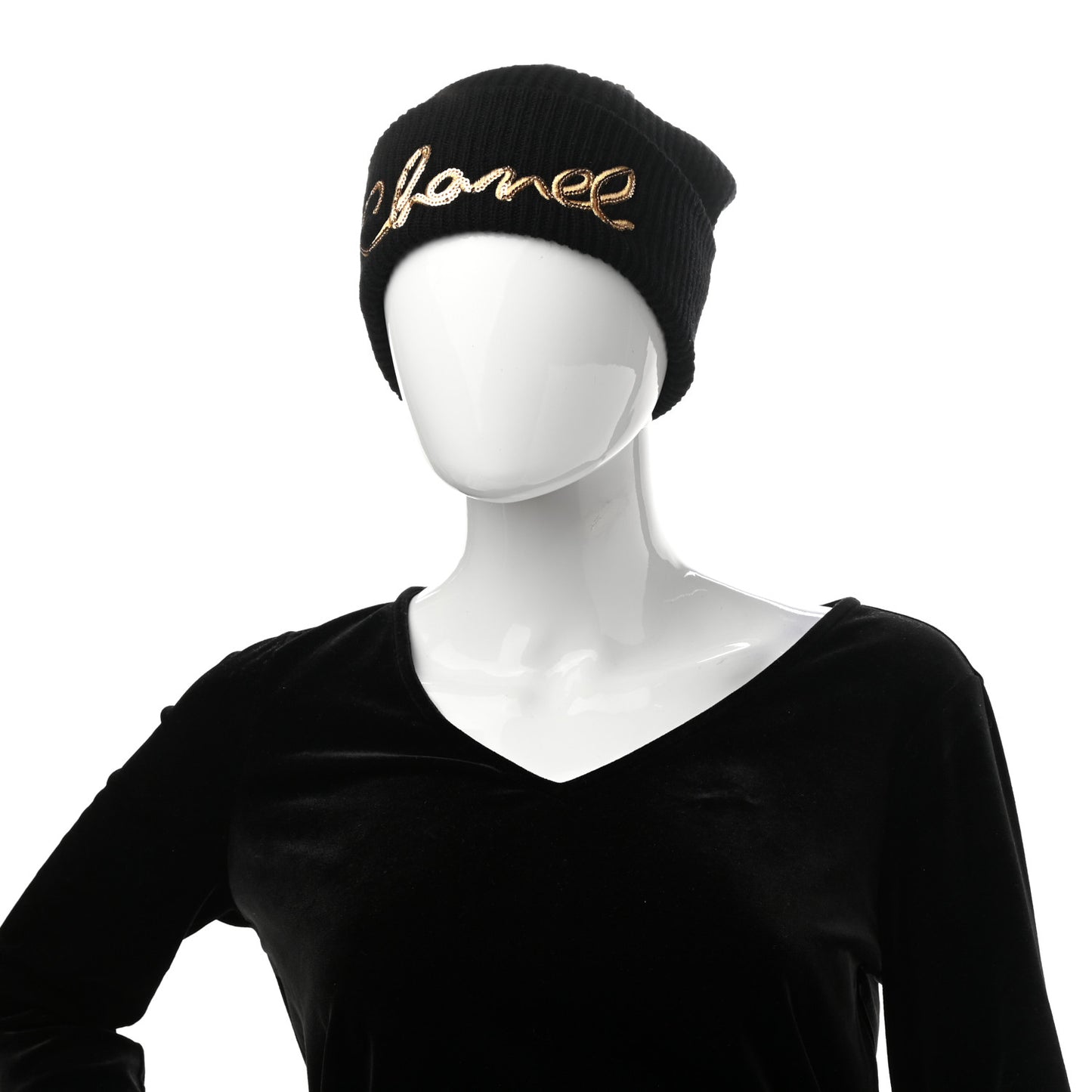 Cashmere Sequin Logo Beanie Hat Black Gold