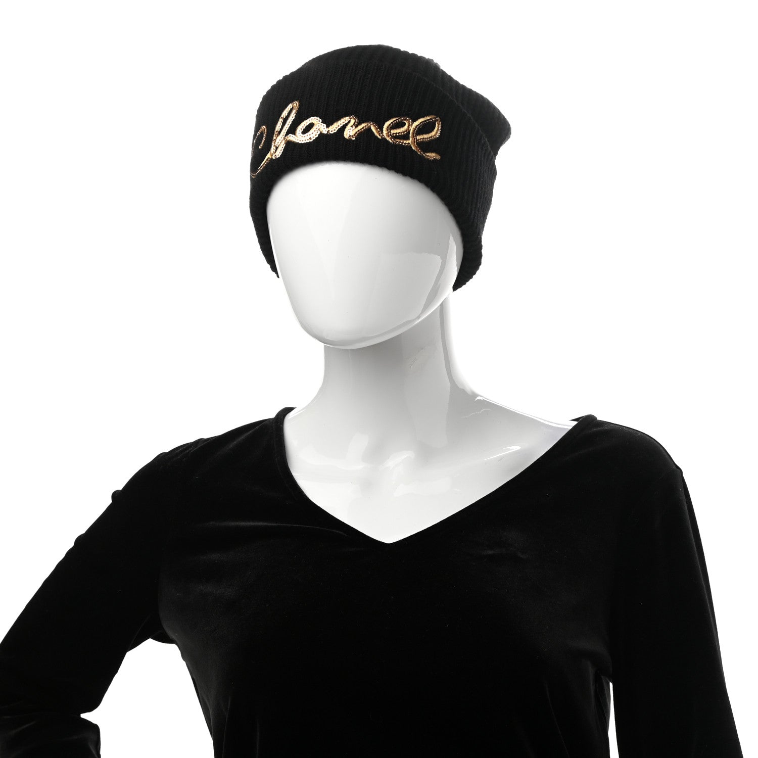 Chanel Cashmere Sequin Logo Beanie Hat Black Gold 2 of 5