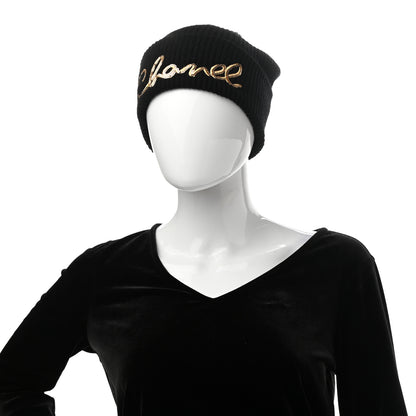 Chanel Cashmere Sequin Logo Beanie Hat Black Gold 2 of 5