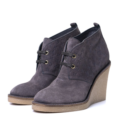 Louis Vuitton Monogram Suede Embossed Frosty Wedge Low Boots 35.5 Dark Grey 2 of 4