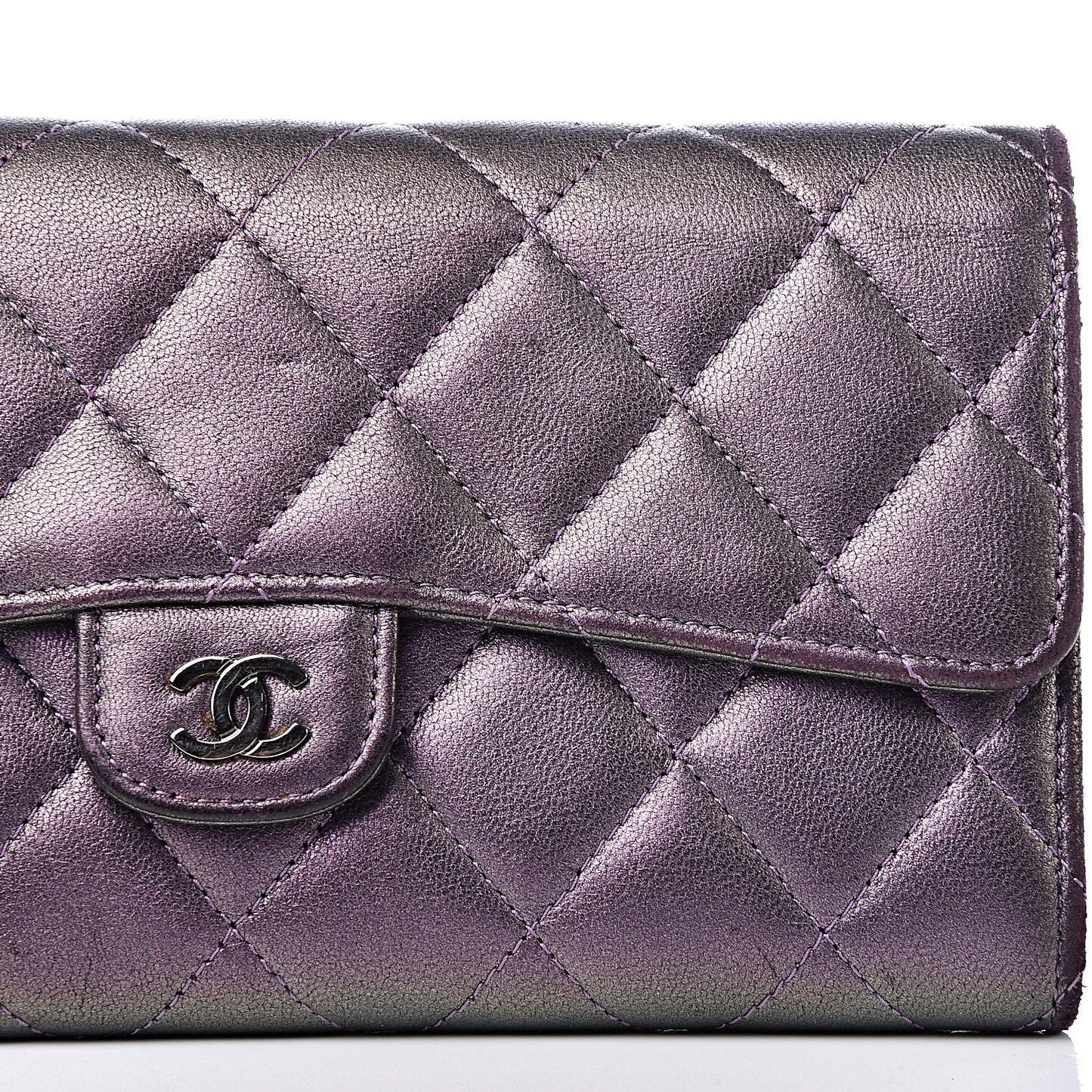 Iridescent Lambskin Quilted Large Gusset Flap Wallet Purple