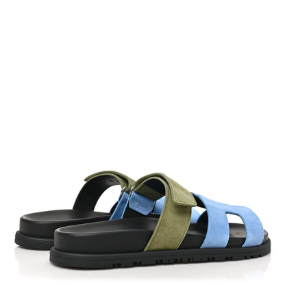 Hermes Suede Goatskin Womens Chypre Sandals 37 Bleu Cameo Vert 4 of 10