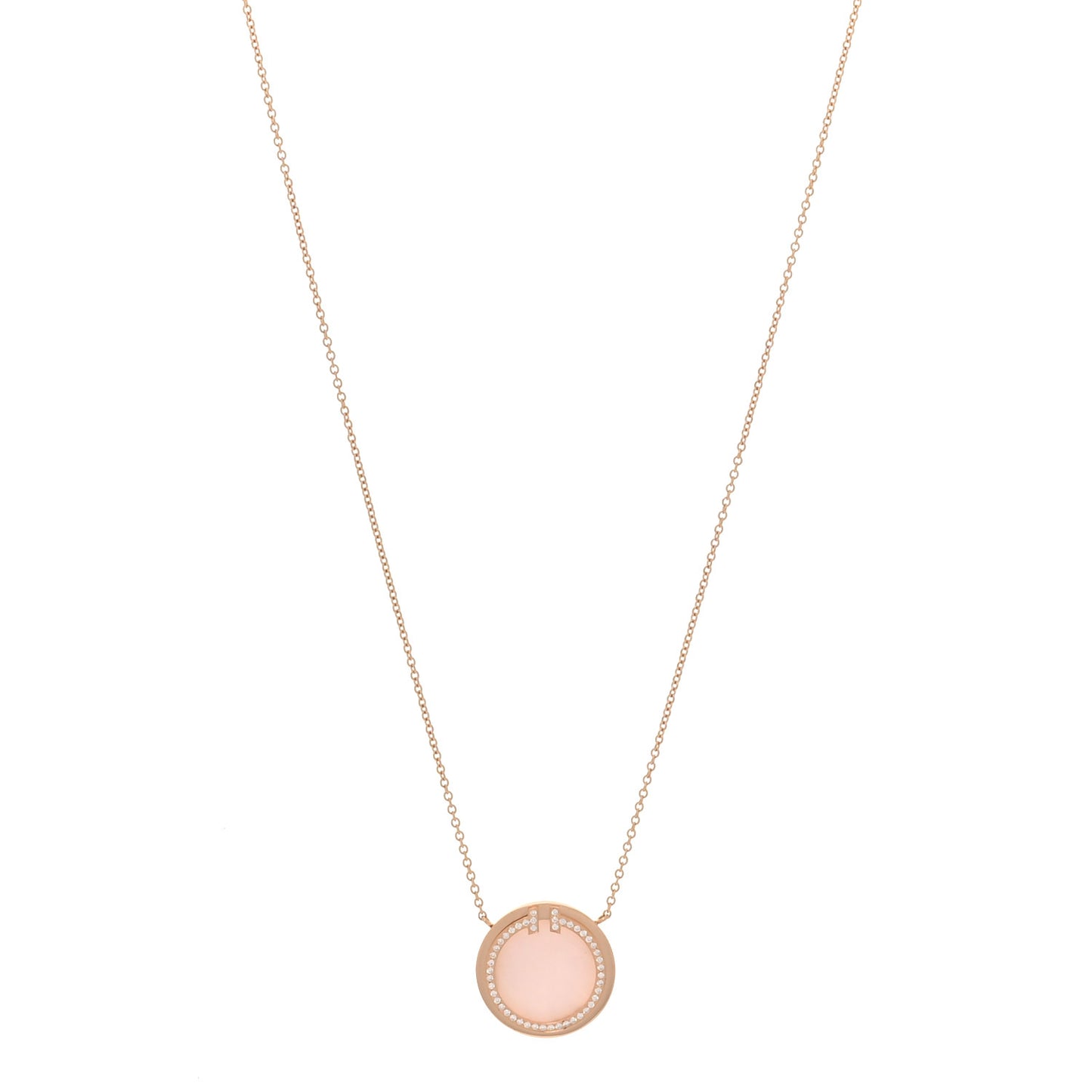18K Rose Gold Diamond Pink Opal T Circle Pendant Necklace