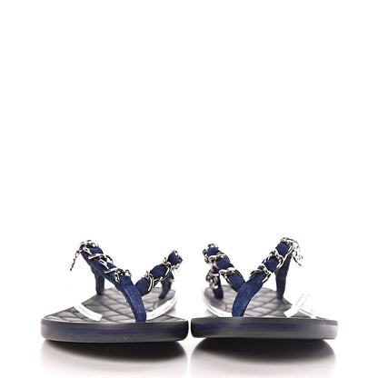 Chanel Suede Calfskin Quilted Chain Thong Sandals 36.5 Navy Blue 2 of 7