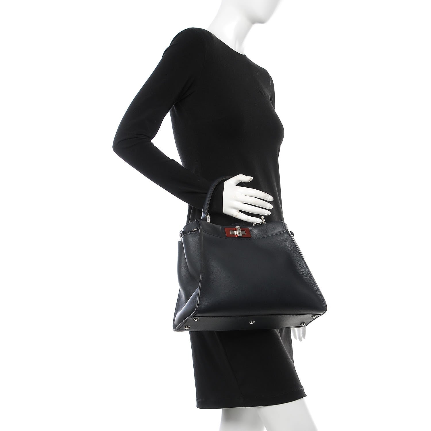 Fendi Vitello Seta Shiny Nappa Medium Peekaboo Iconic Satchel Blue Notte Ardesia 2 of 9