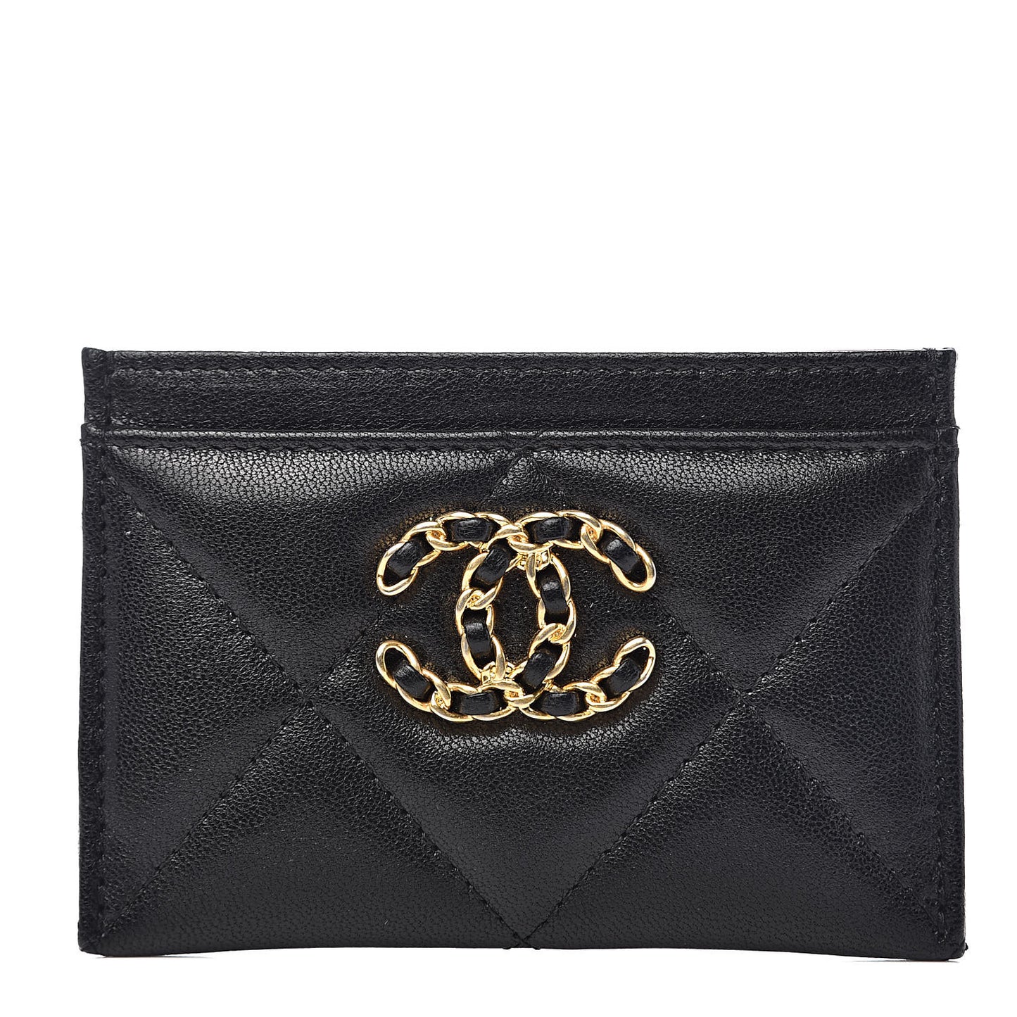 Shiny Goatskin Quilted Chanel 19 Card Holder Black