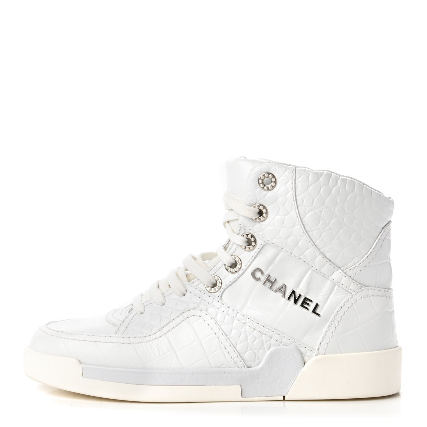 Calfskin Crocodile Embossed Cocodile High Top Sneakers 37.5 White