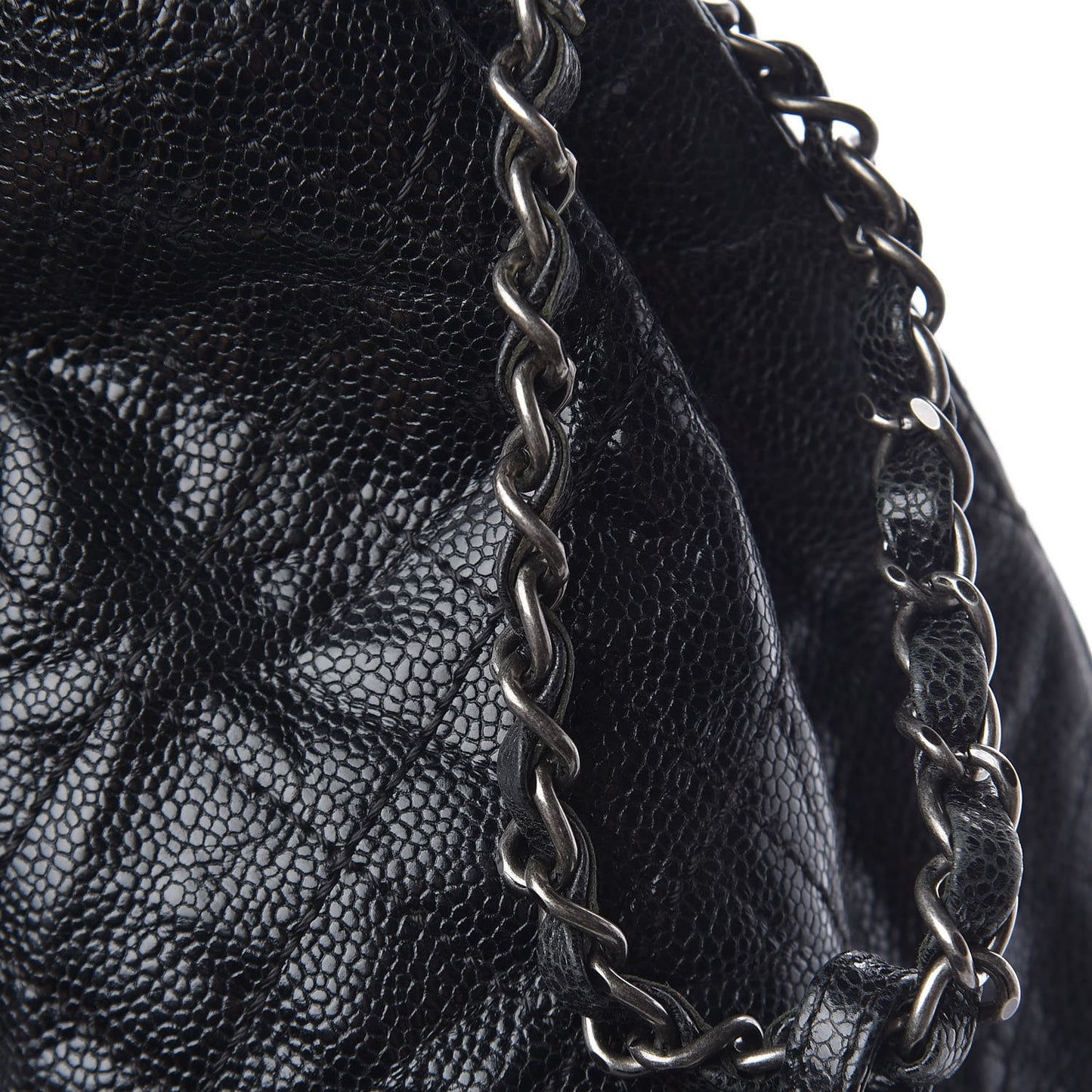 Distressed Glazed Caviar Quilted Large Elastic Tote Black