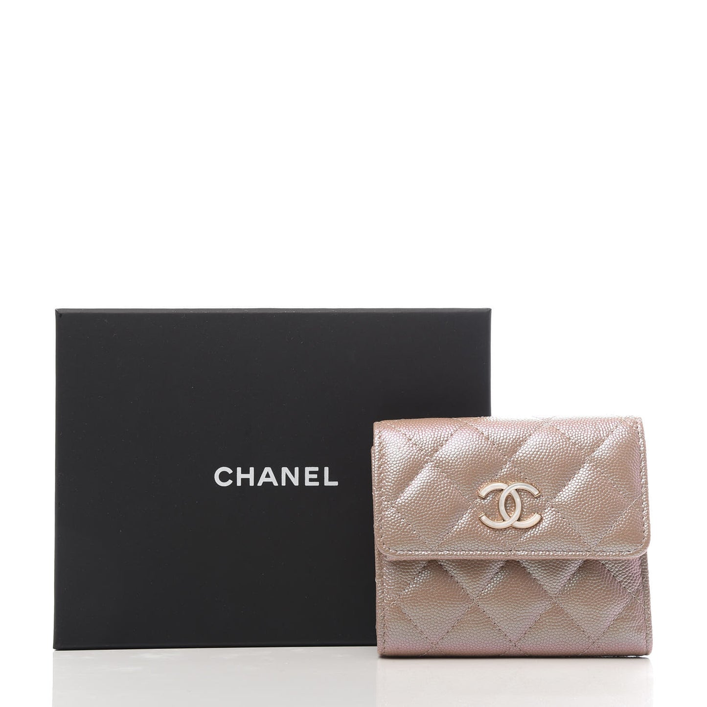 Iridescent Caviar Quilted Small Flap Wallet Beige