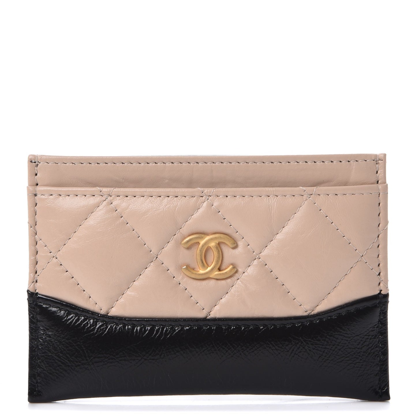 Aged Calfskin Quilted Gabrielle Card Holder Wallet Beige Black