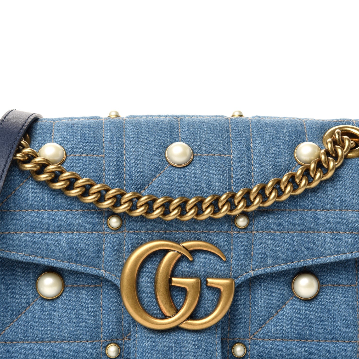 Gucci Denim Matelasse Pearl Studded Small GG Marmont Shoulder Bag Blue 11 of 11