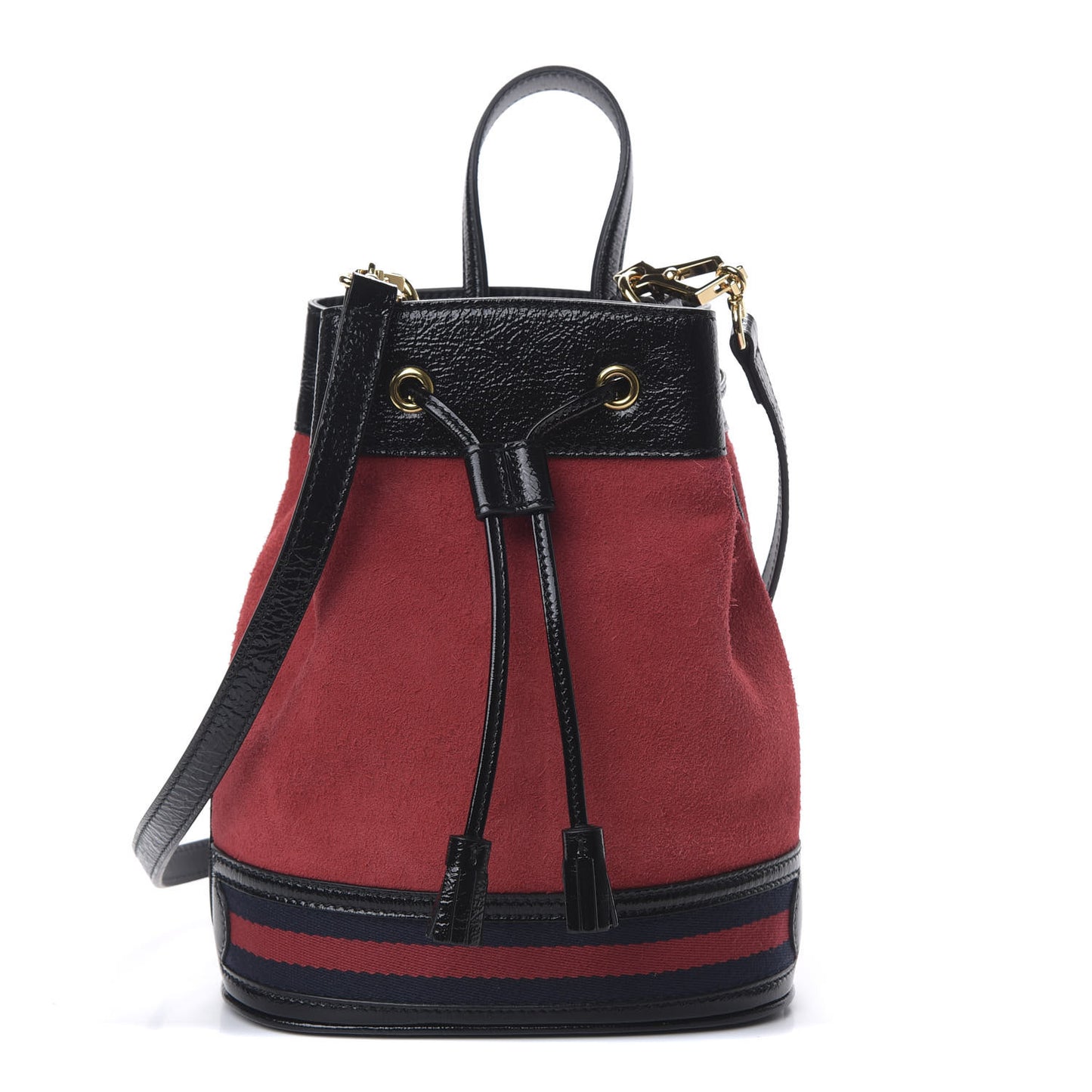 Suede Patent Web Small Ophidia Bucket Bag Hibiscus Red Black