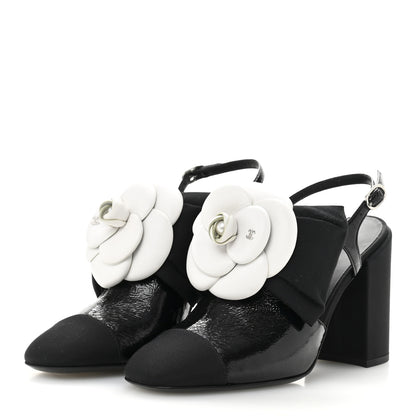 Chanel Crumpled Shiny Fabric Grosgrain Cap Toe Camellia Bow Slingback Pumps 36 Black 4 of 11