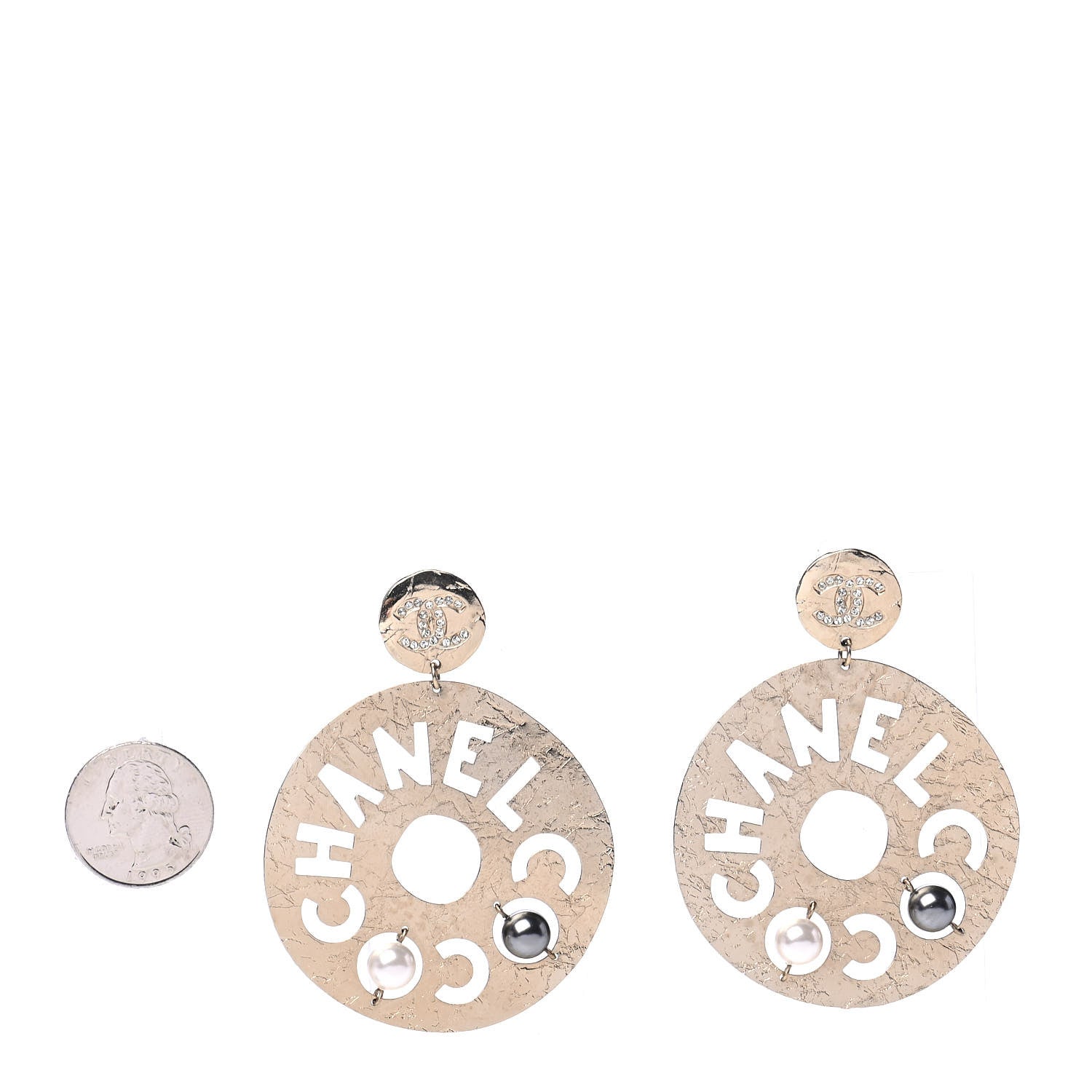 Chanel Crystal Pearl CC Papyrus Drop Earrings Gold Grey 2 of 4