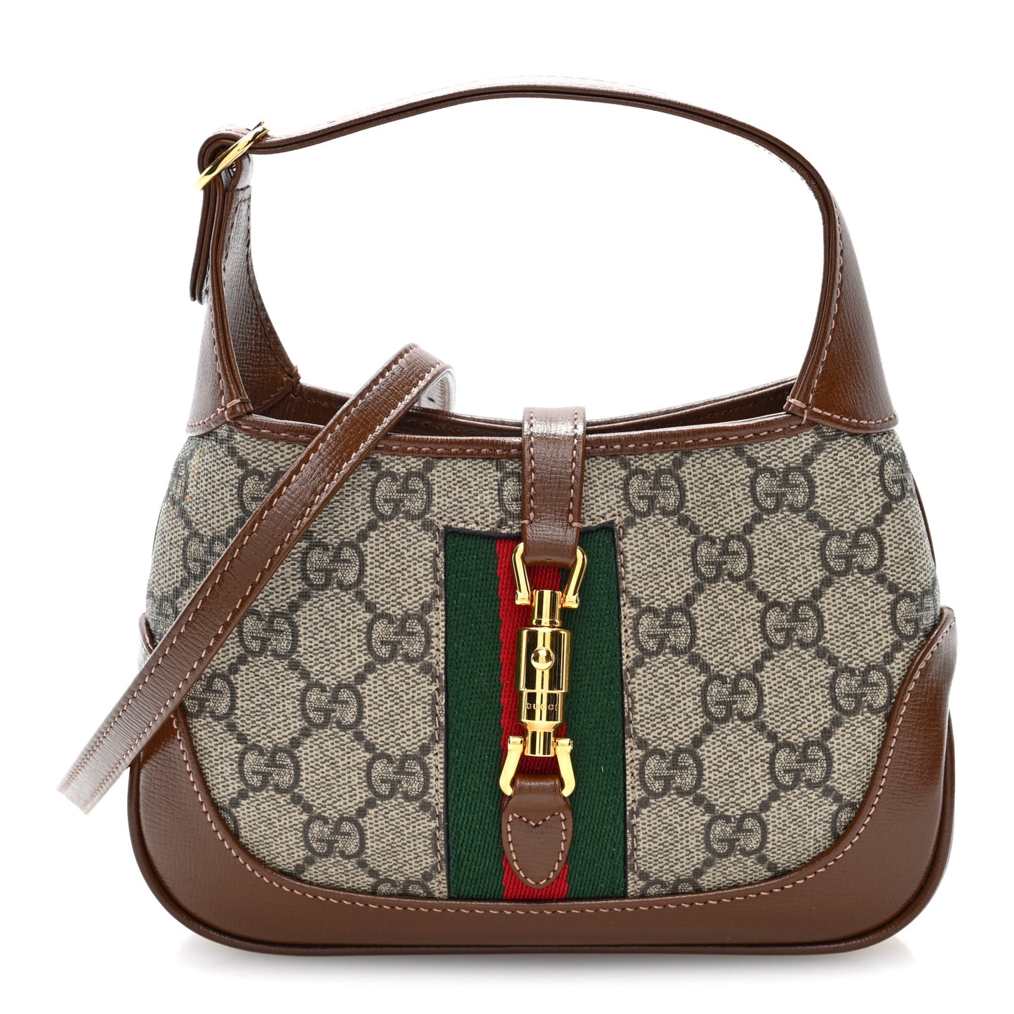 GG Supreme Monogram Azalea Calfskin Web Mini Jackie 1961 Hobo Beige Ebony Brown Sugar