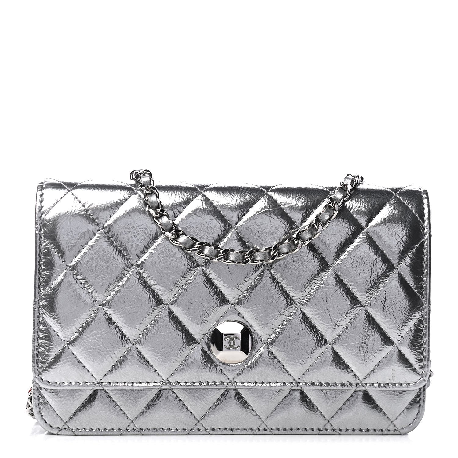 Chanel Metallic Crumpled Patent Calfskin Quilted Wallet On Chain WOC Silver 1 of 5