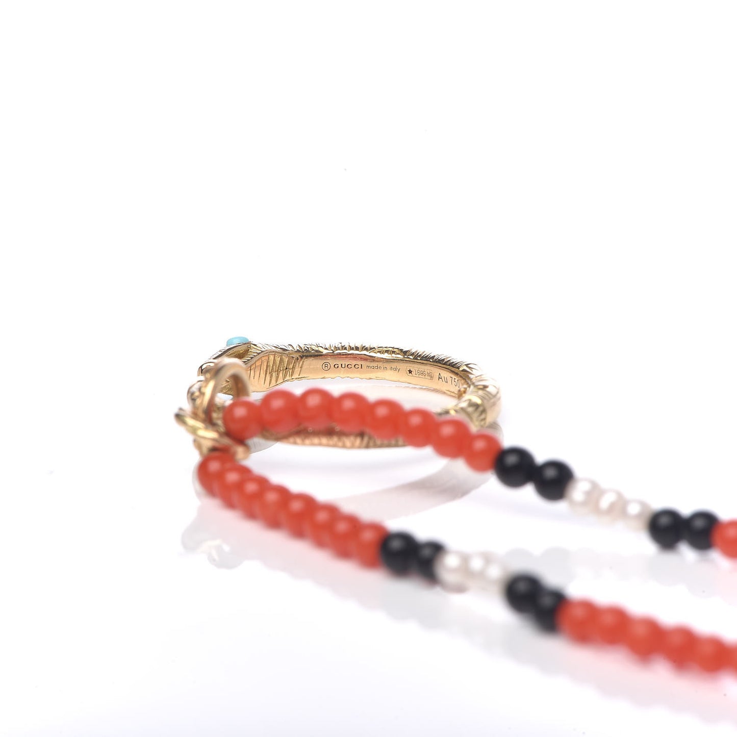 18K Yellow Gold Coral Black Onyx Freshwater Pearl Turquoise Ouroboros Pendant Necklace