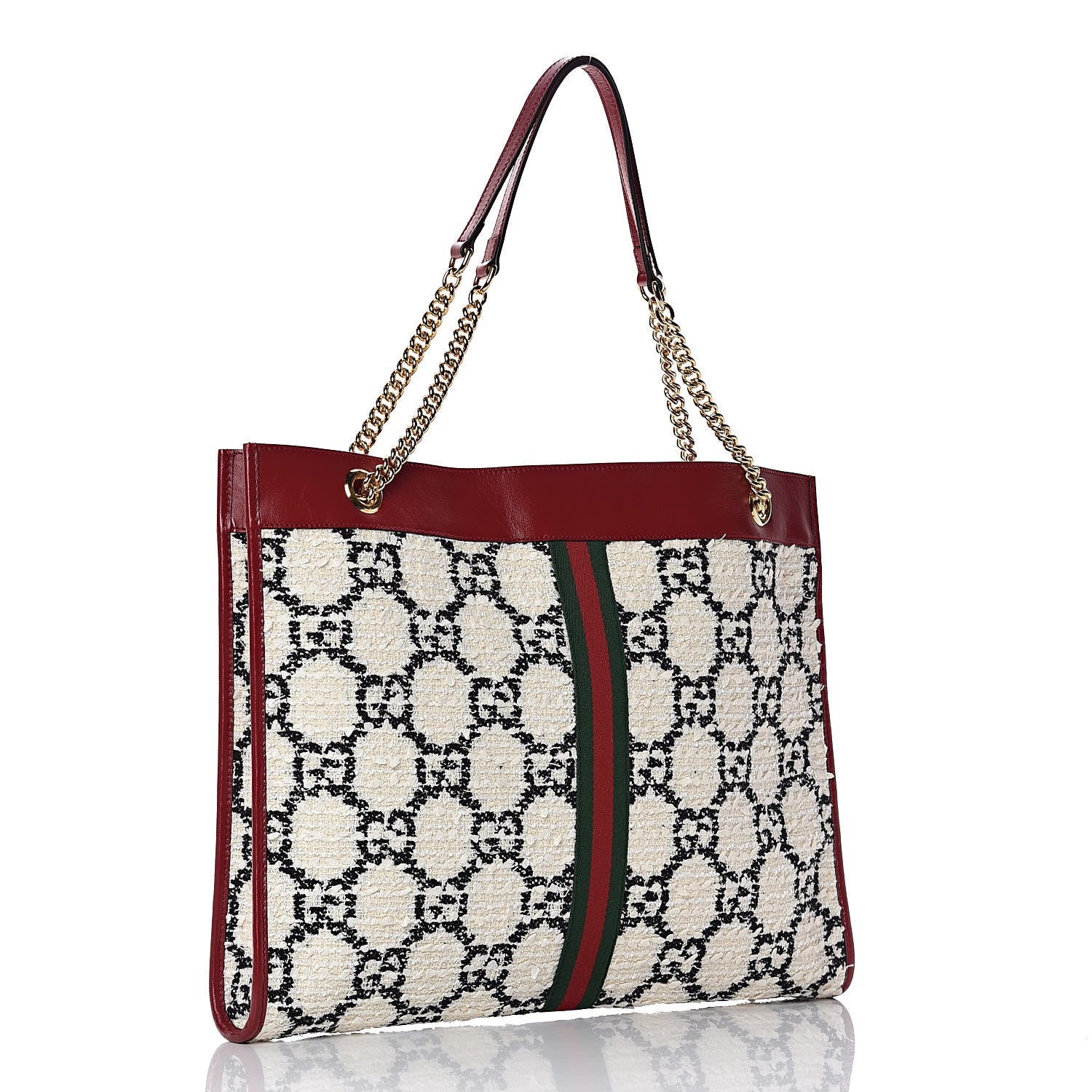 Gucci Tweed GG Monogram Large Rajah Chain Tote White Black Romantic Cherry 4 of 11