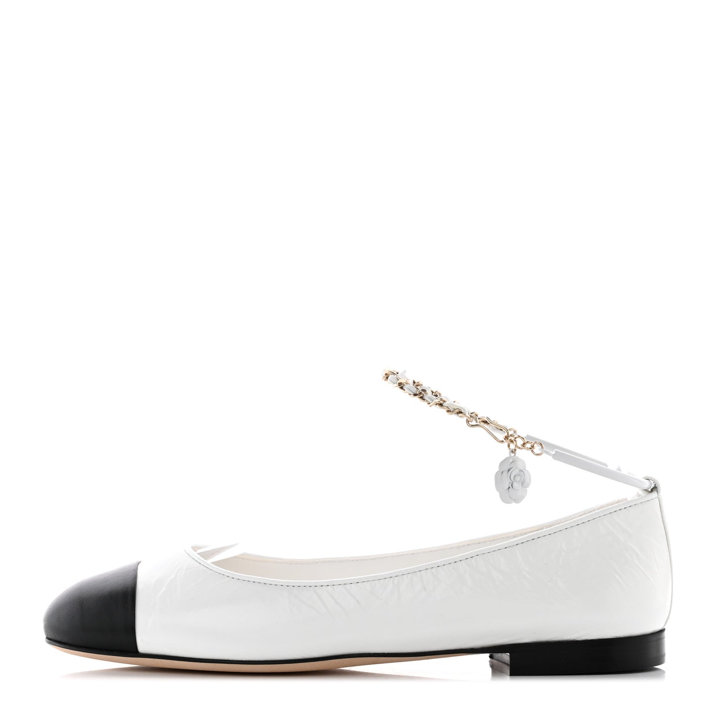 Shiny Lambskin Lambskin Metal Cap Toe Ankle Chain Ballerina Flats 38 White Black