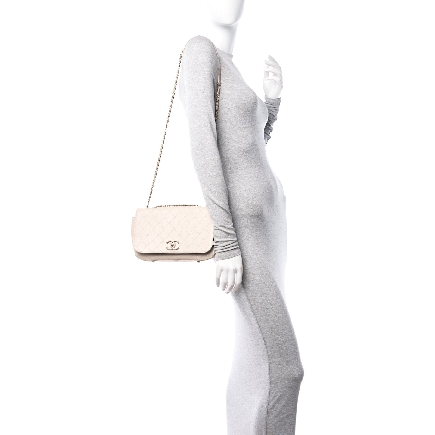 Calfskin Stitched Medium Covered CC Flap Bag Beige