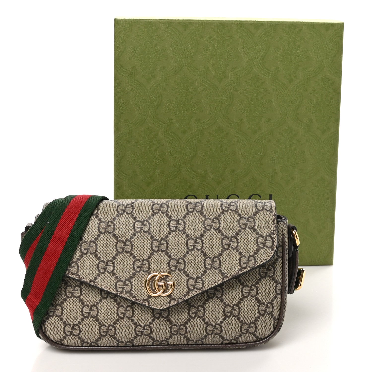 Gucci GG Supreme Monogram Textured Dollar Calfskin Web Mini Ophidia Envelope Shoulder Bag Beige Ebony New Acero 11 of 11