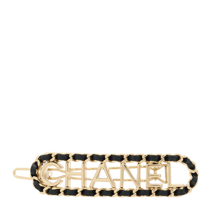 Chanel Metal Lambskin Vintage Allure Logo Hair Clip Black Gold 1 of 5