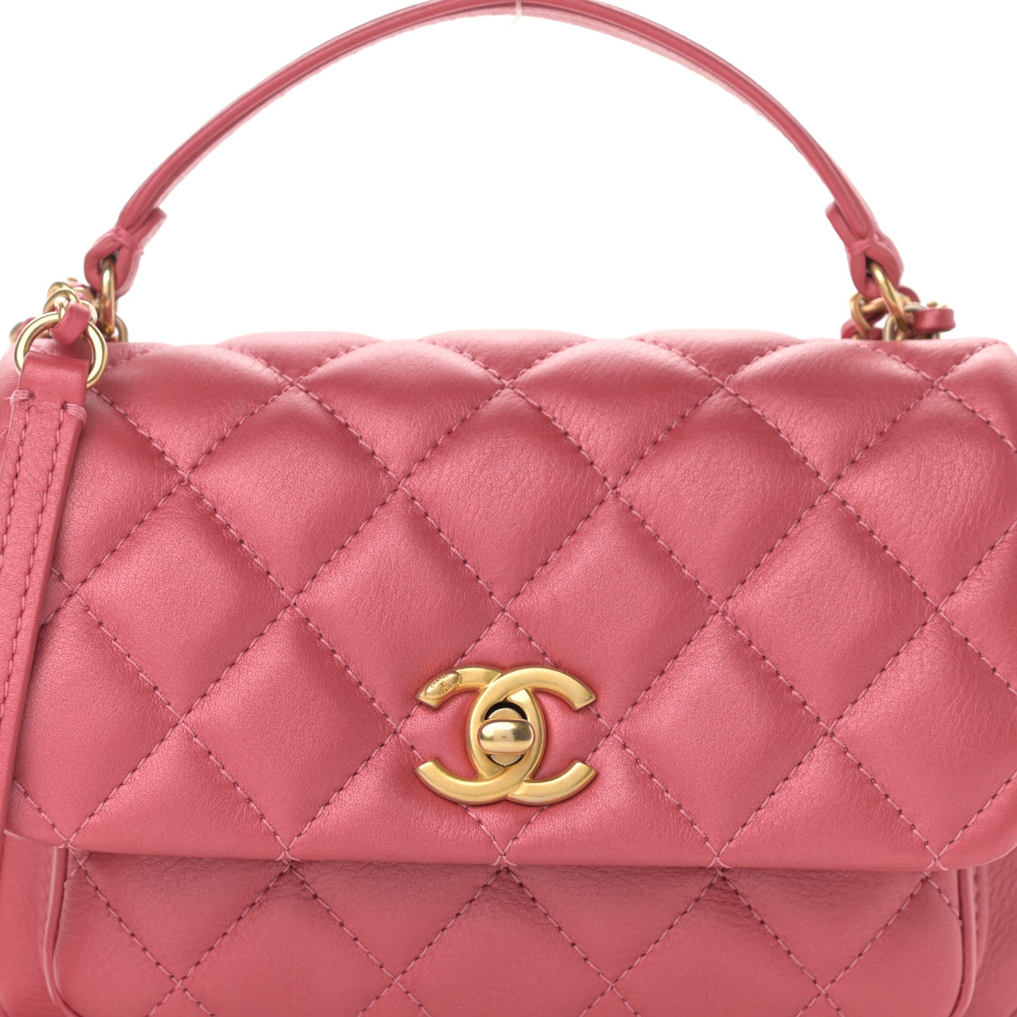 Calfskin Quilted Top Handle Flap Dark Pink