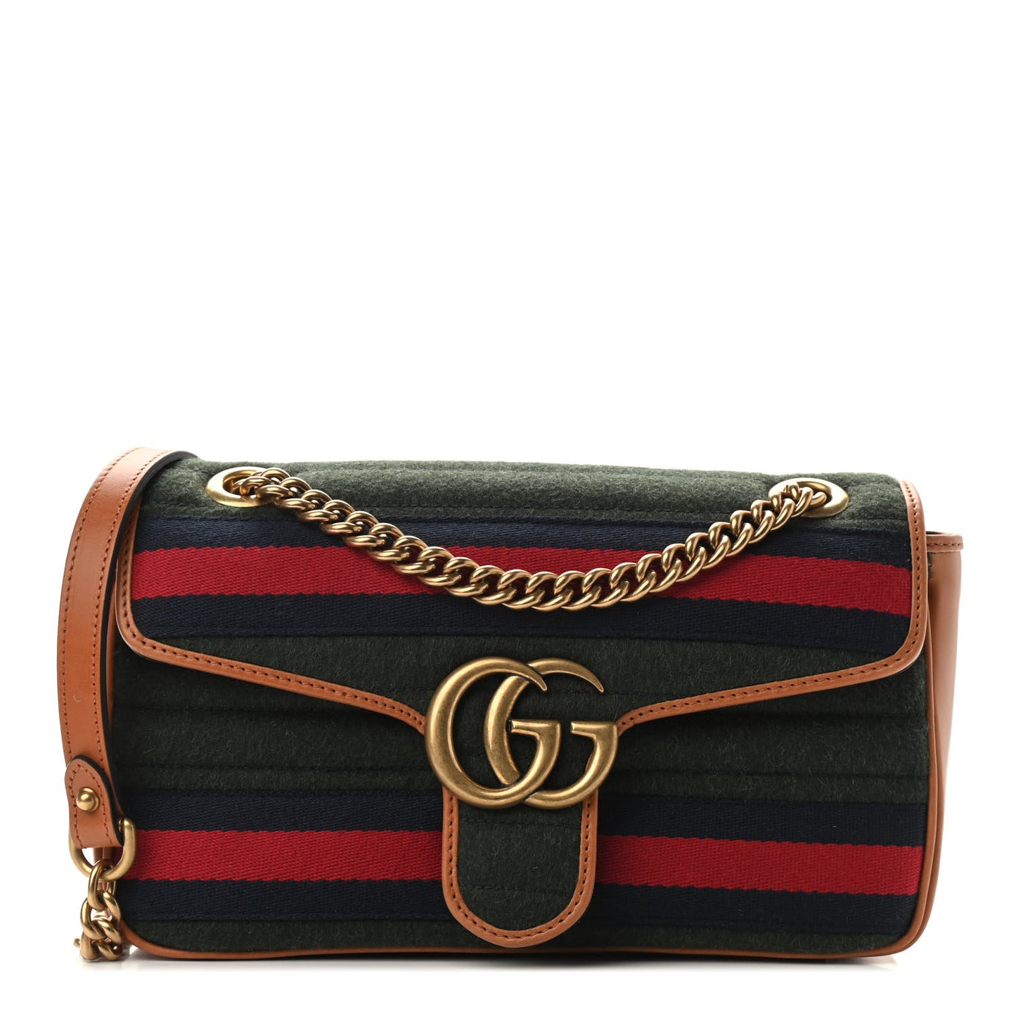 Loden Fabric Cuoio Harness Web Matelasse Horizontal Small GG Marmont Shoulder Bag Underwood Blue Red Harness Brown