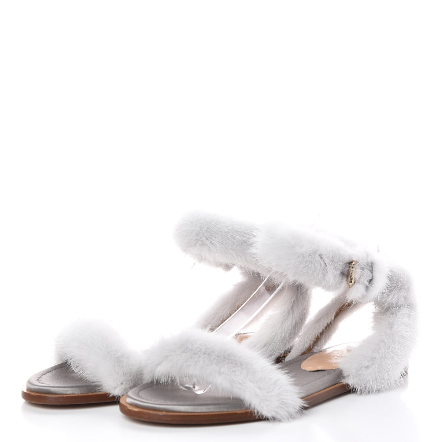 Mink Fur Ankle Wrap Flat Sandals 37.5 Grey