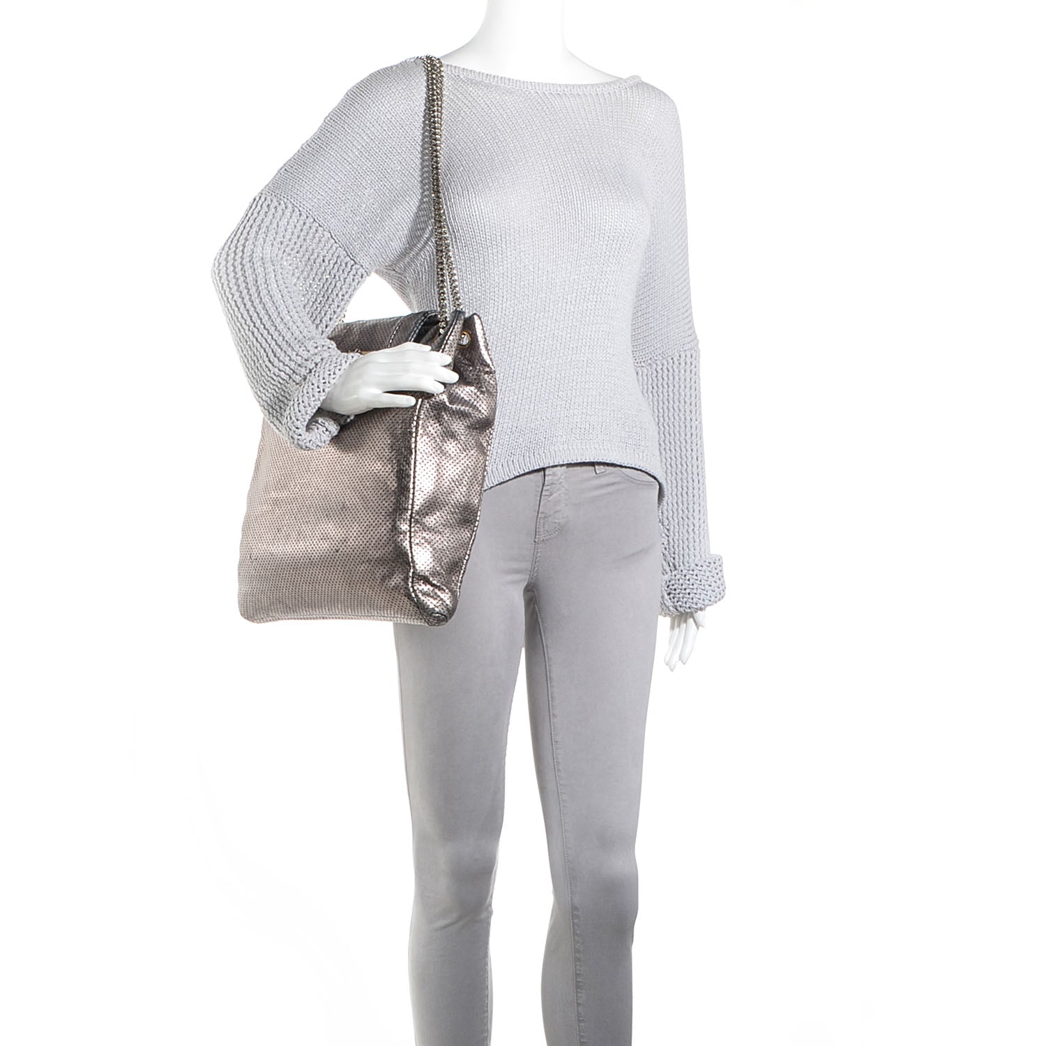 Chanel Metallic Crackled Calfskin Perforated Drill Shoulder Bag Silver 2 of 8