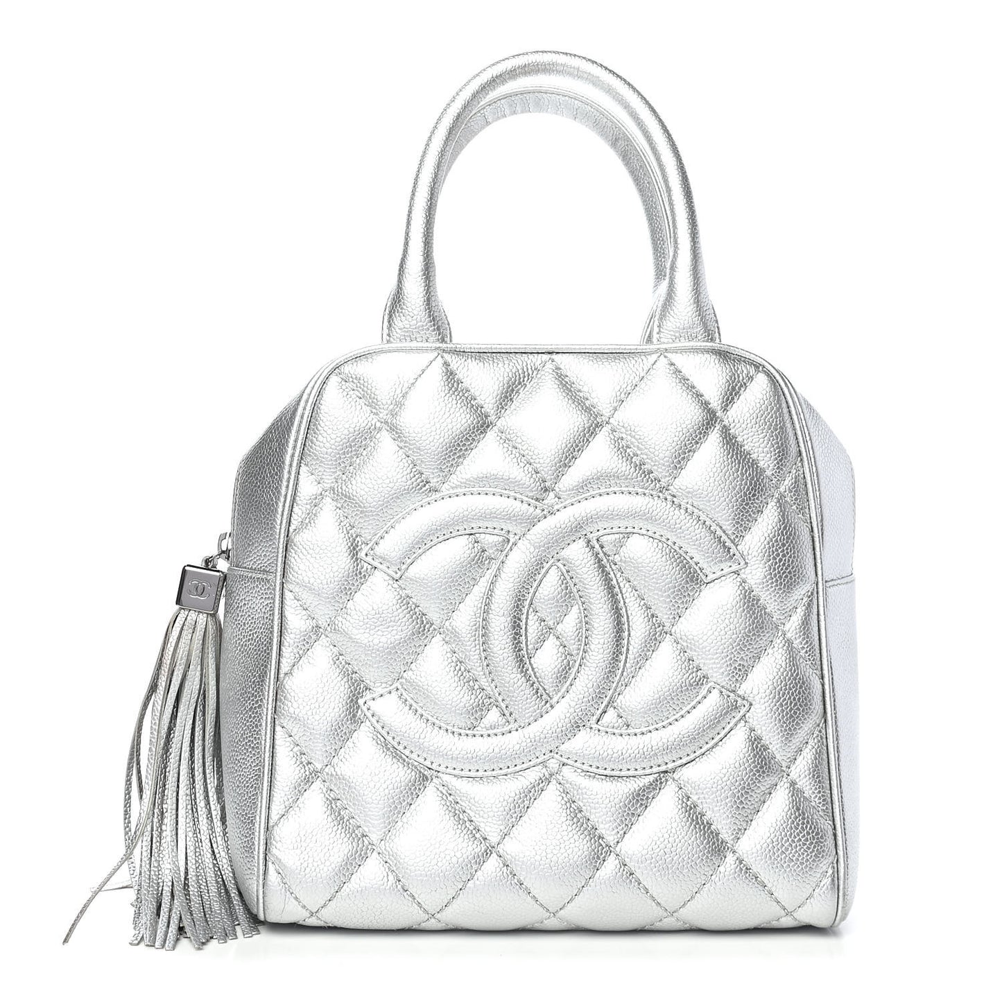 Metallic Caviar Quilted Vertical Bowler Silver