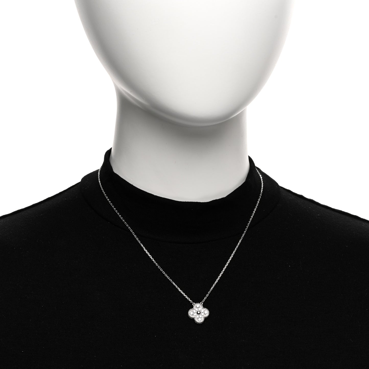 18K White Gold Diamond Vintage Alhambra Pendant Necklace