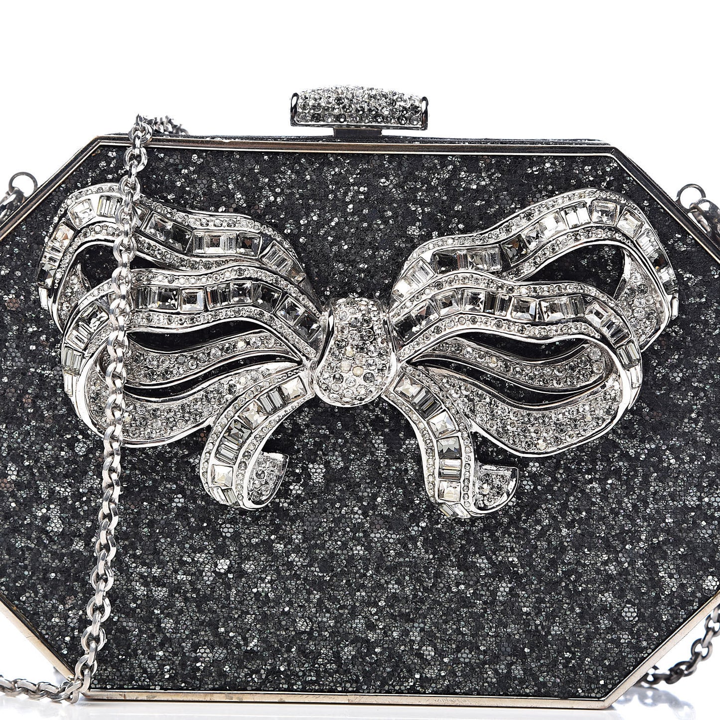 Crystal Minaudiere Bow Clutch Black Silver