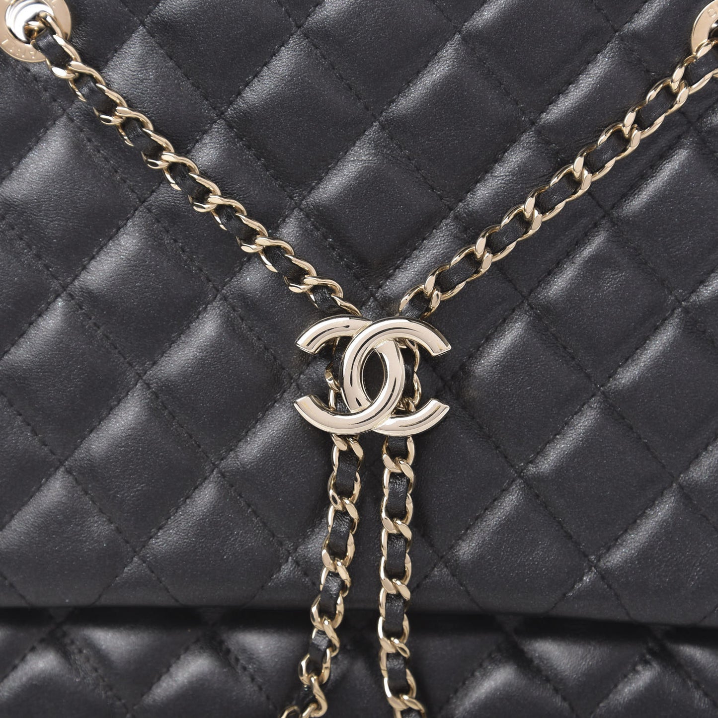 Shiny Lambskin Quilted Medium Double Case With Strap Black