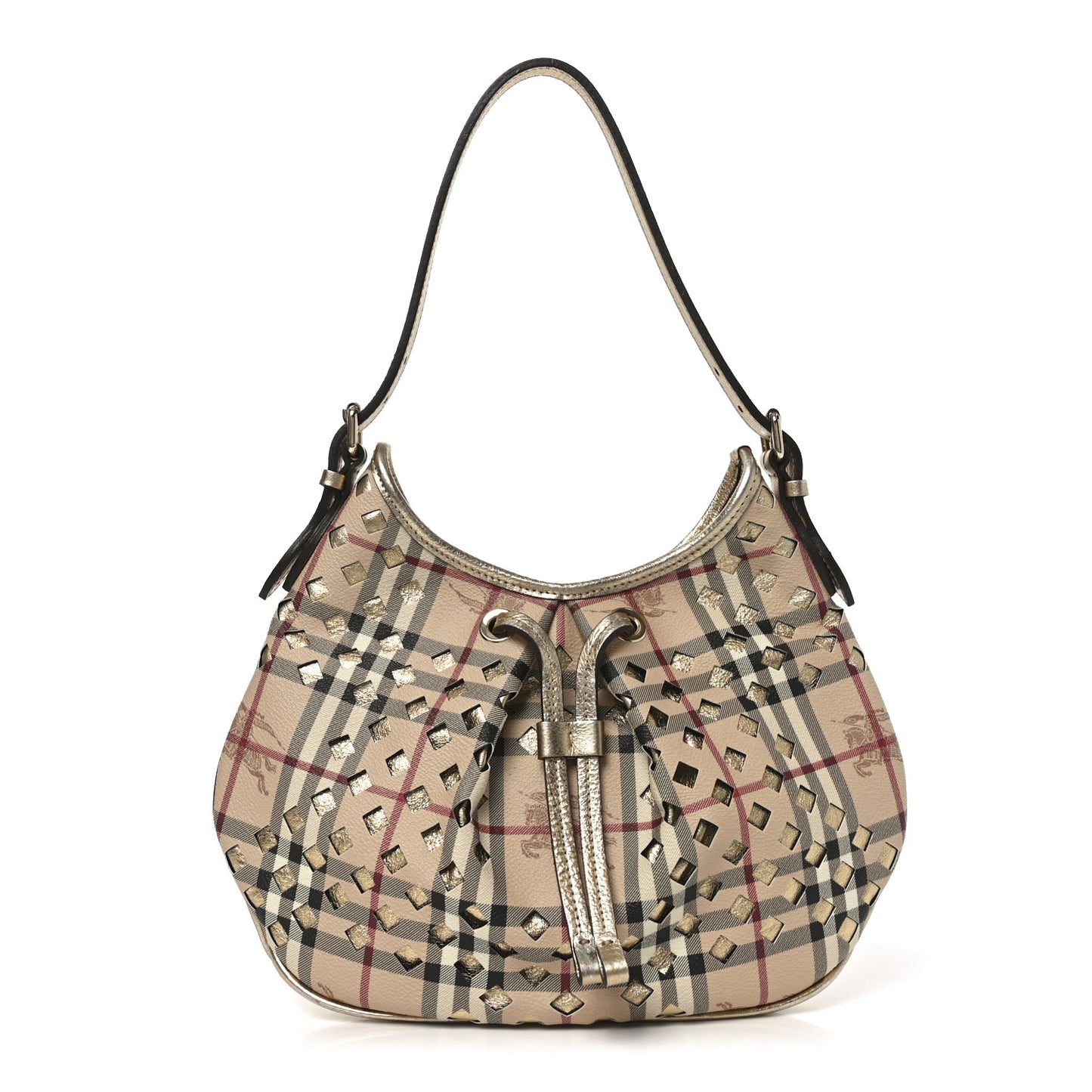 Haymarket Check Calfskin Claudia Drawstring Hobo Gold