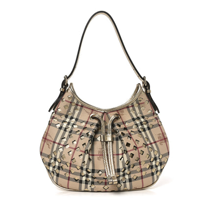 Burberry Haymarket Check Calfskin Claudia Drawstring Hobo Gold 1 of 10