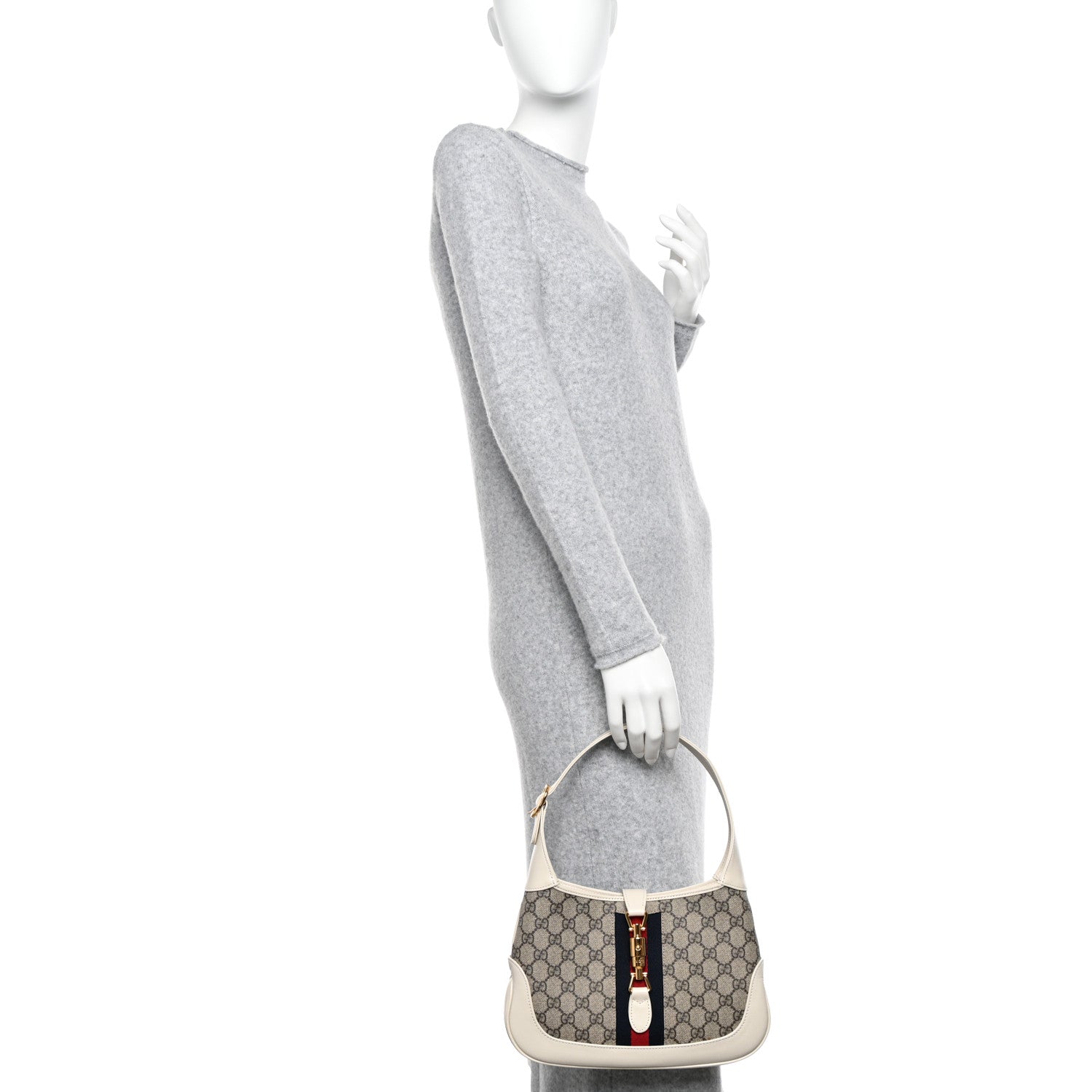 Gucci GG Supreme Monogram Textured Dollar Calfskin Web Small Jackie 1961 Hobo Beige Ebony Mystic White 2 of 10