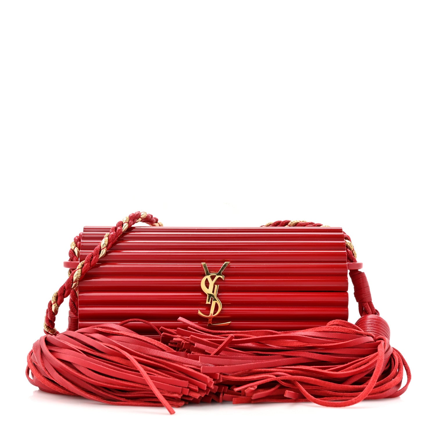 Saint Laurent Ribbed Plexiglass Lambskin Fringe Monogram Opium Box Bag Red 1 of 10