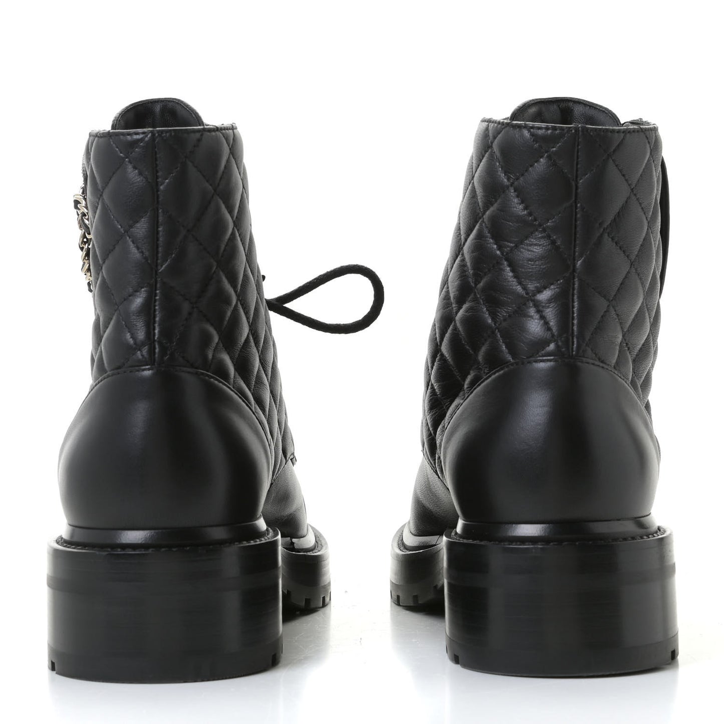 Shiny Lambskin Quilted Lace Up Combat Boots 38.5 Black