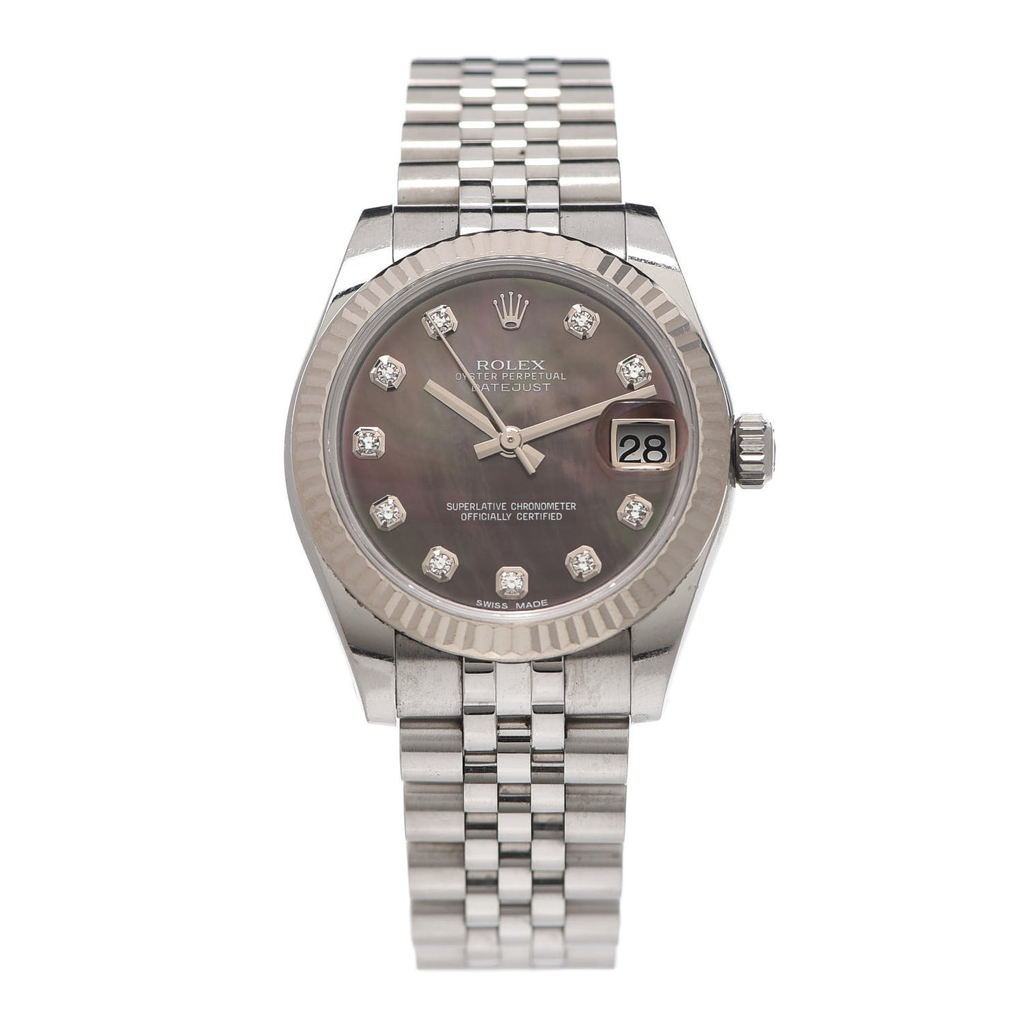 Stainless Steel 18K White Gold Diamond Black Mother of Pearl 31mm Oyster Perpetual Datejust Watch 178274