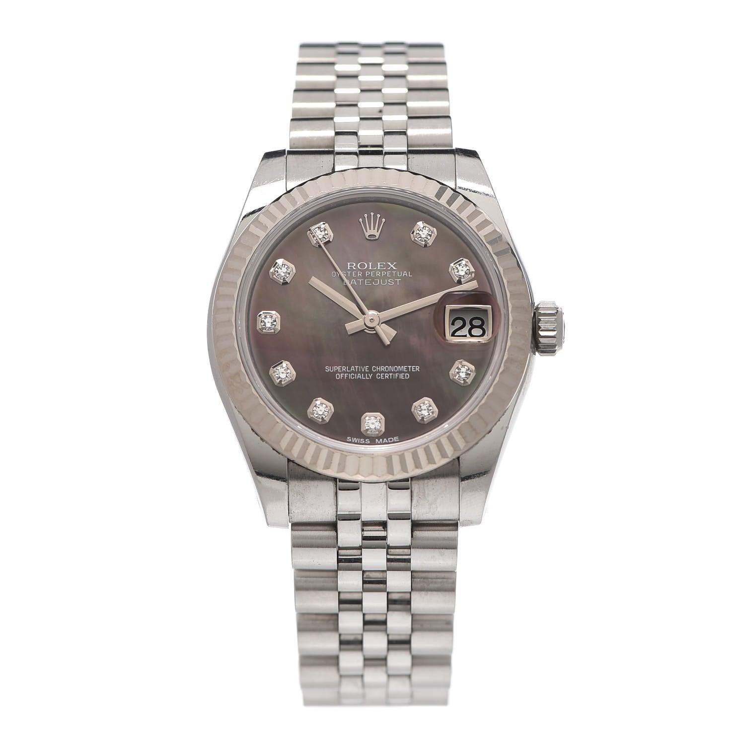 Rolex Stainless Steel 18K White Gold Diamond Black Mother of Pearl 31mm Oyster Perpetual Datejust Watch 178274 1 of 8