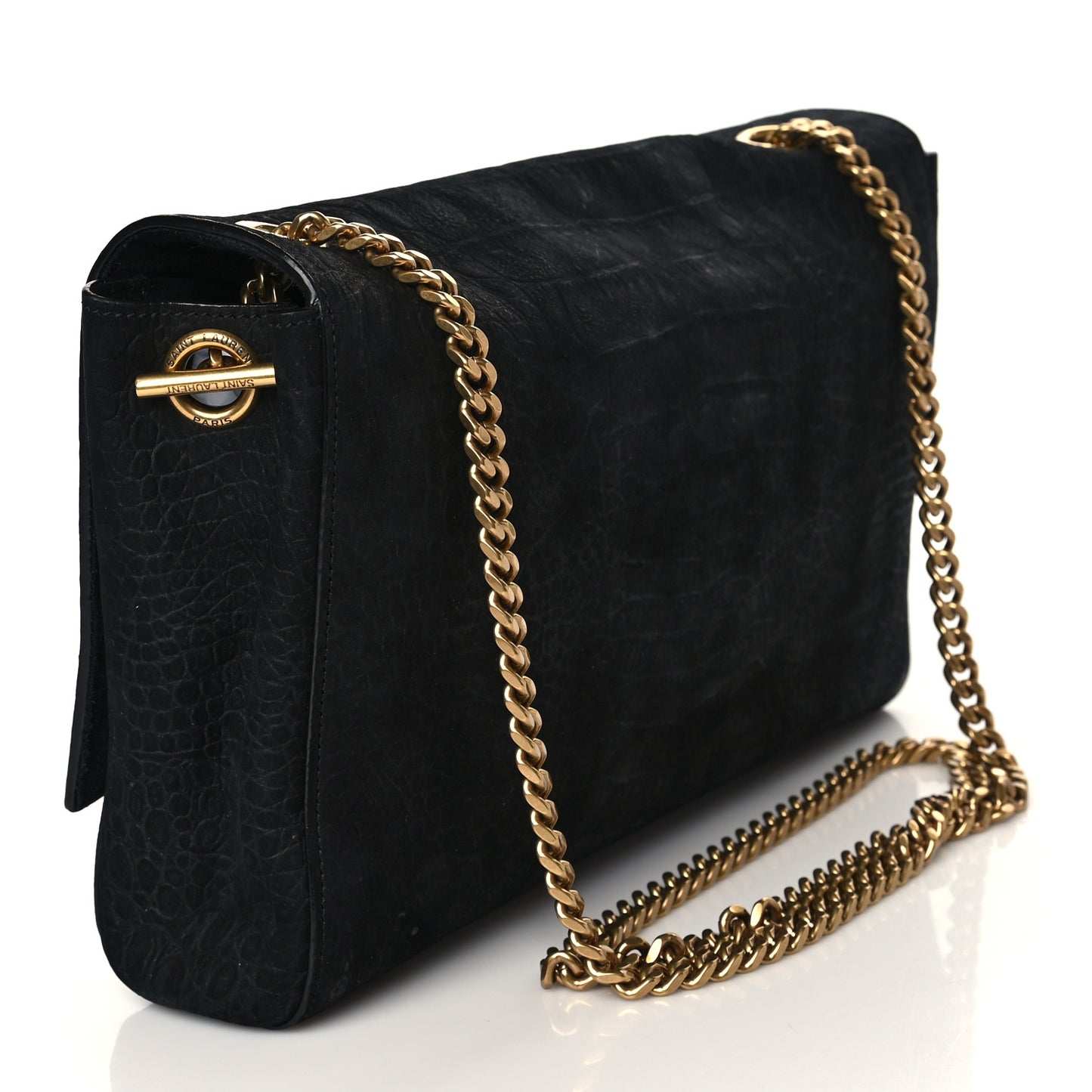 Calfskin Crocodile Embossed Suede Medium Reversible Monogram Kate Satchel Black Navy