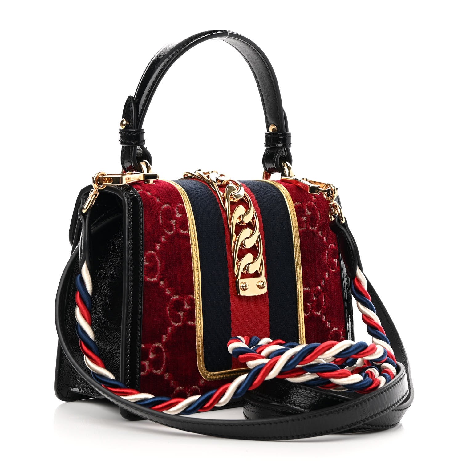 Gucci Velvet GG Monogram Mini Sylvie Top Handle Bag Red Cipria Black 3 of 10