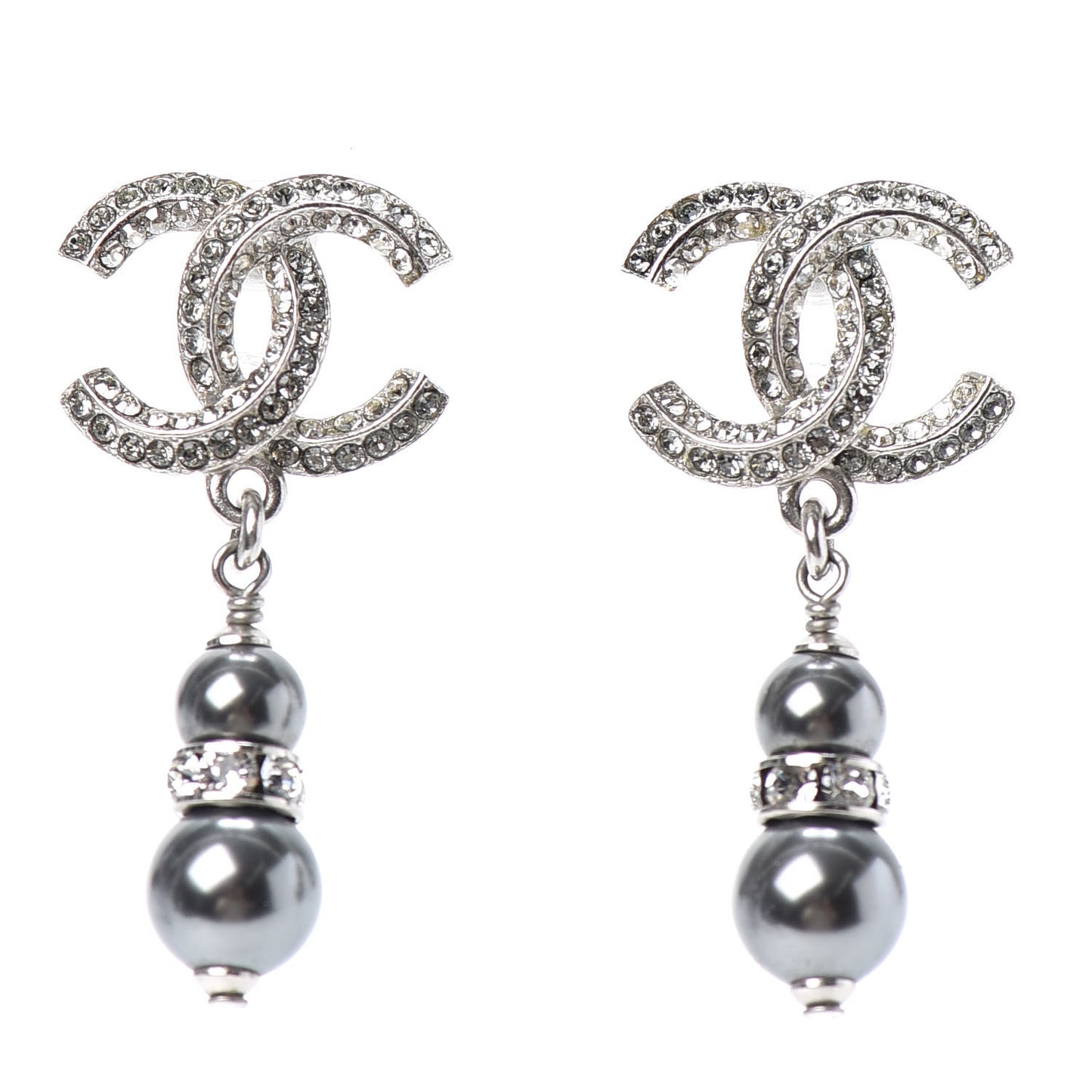 Crystal Pearl CC Drop Earrings Silver Grey